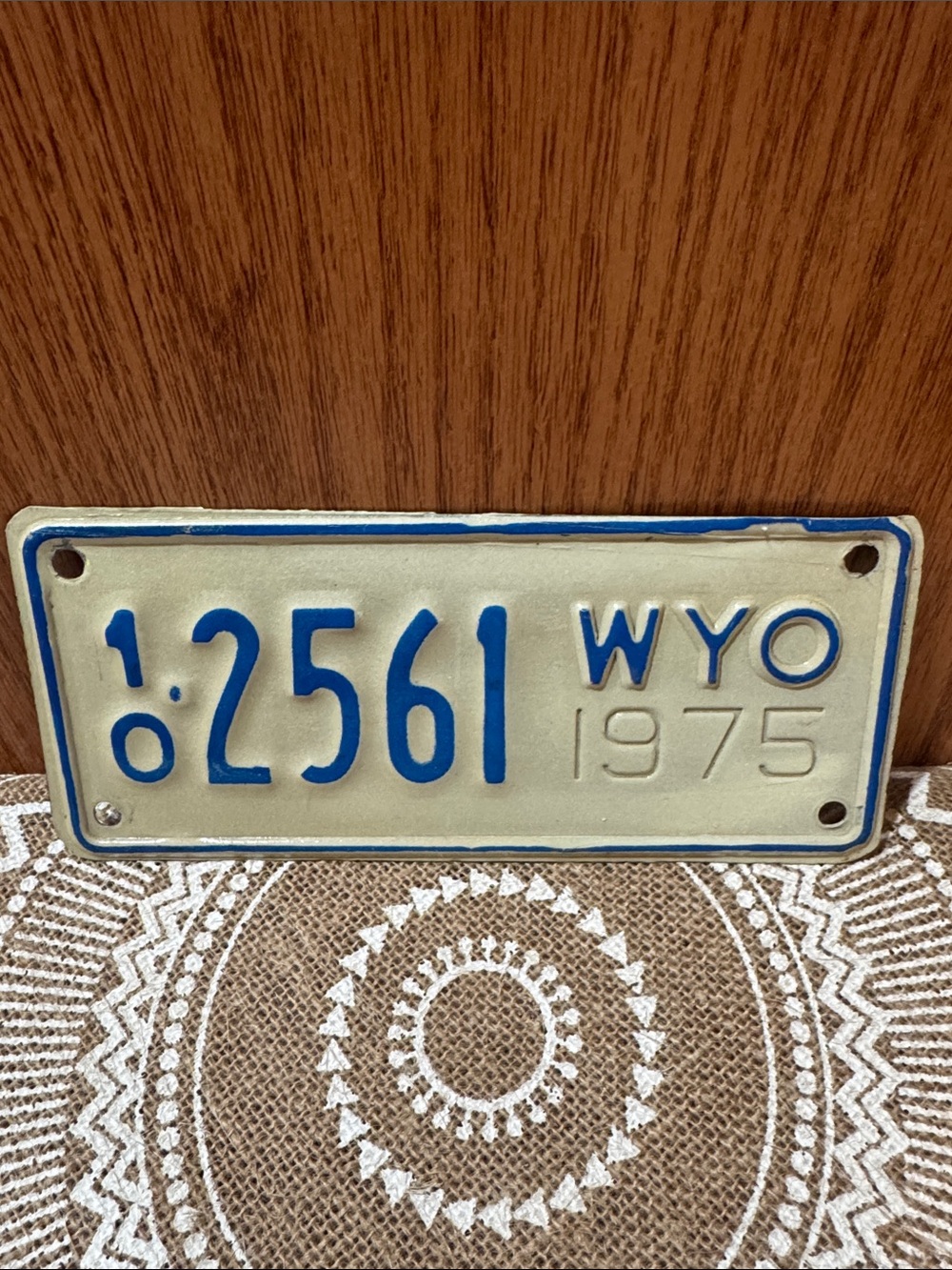 Vintage 1975 Wyoming Motorcycle Steel License Plate - Blue on White